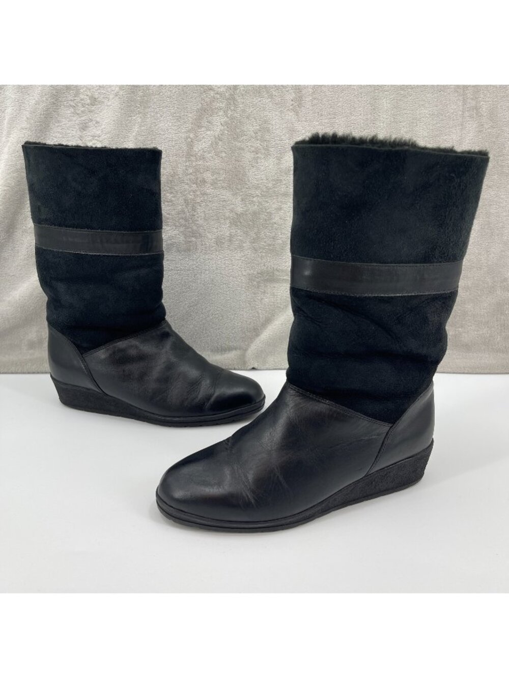 bama LAMS Vintage Sheep Skin Sherpa Lined Black Wedge Mid Calf Boots